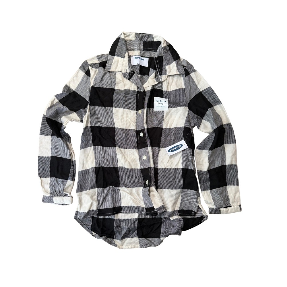Old Navy Kids Black White Buffalo Plaid Flannel Extra Long Tunic Shirt M 8